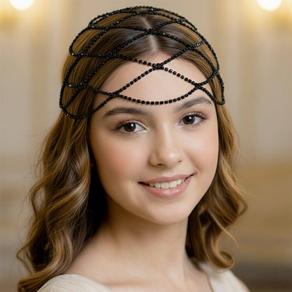 Bijou de Tête Chaîne Noire Type Rosette Florale en Strass