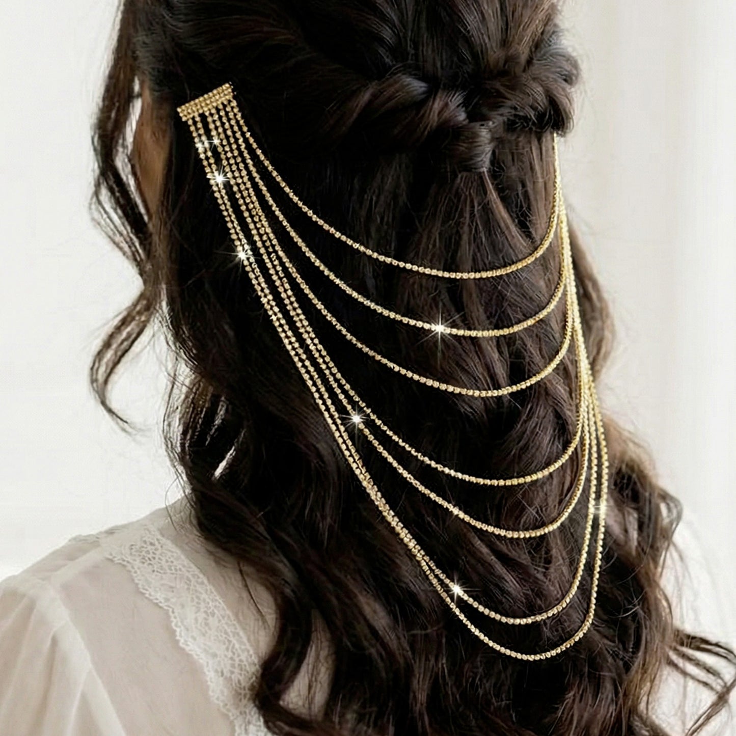 Bijou de Tête Doré Cascade de Strass Multi-Chaînes avec Cristaux Scintillants