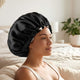 Bonnet de Nuit en Satin Ajustable Noir avec Doublure