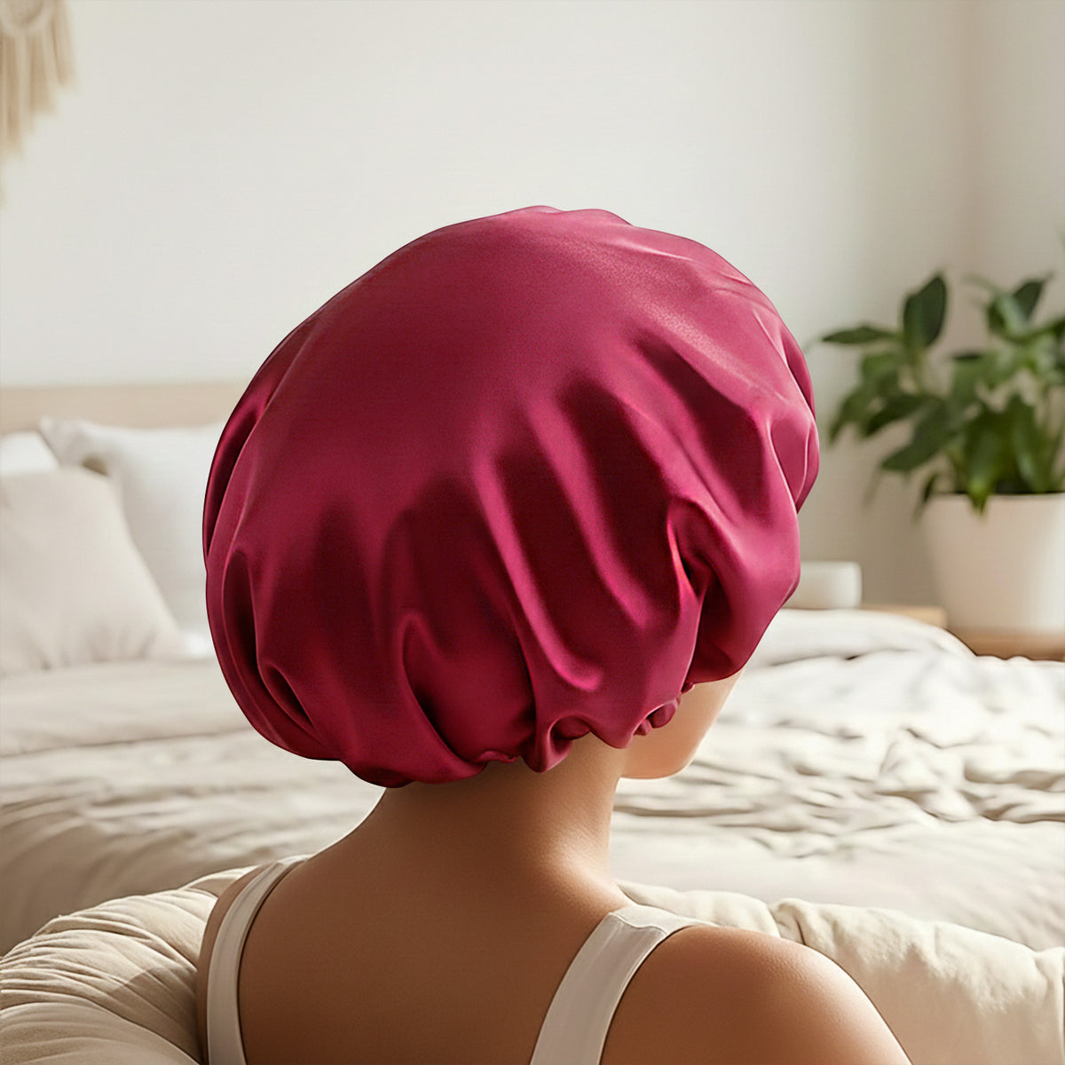 Bonnet de Nuit en Satin Ajustable Bordeaux avec Doublure