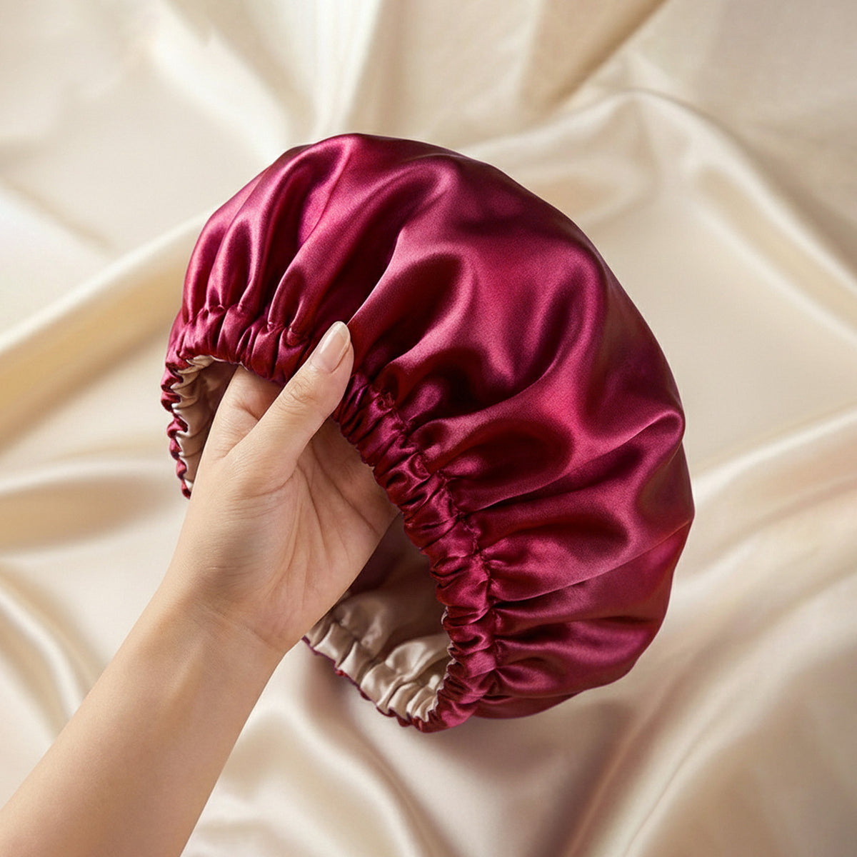 Bonnet de Nuit en Satin Ajustable Bordeaux avec Doublure