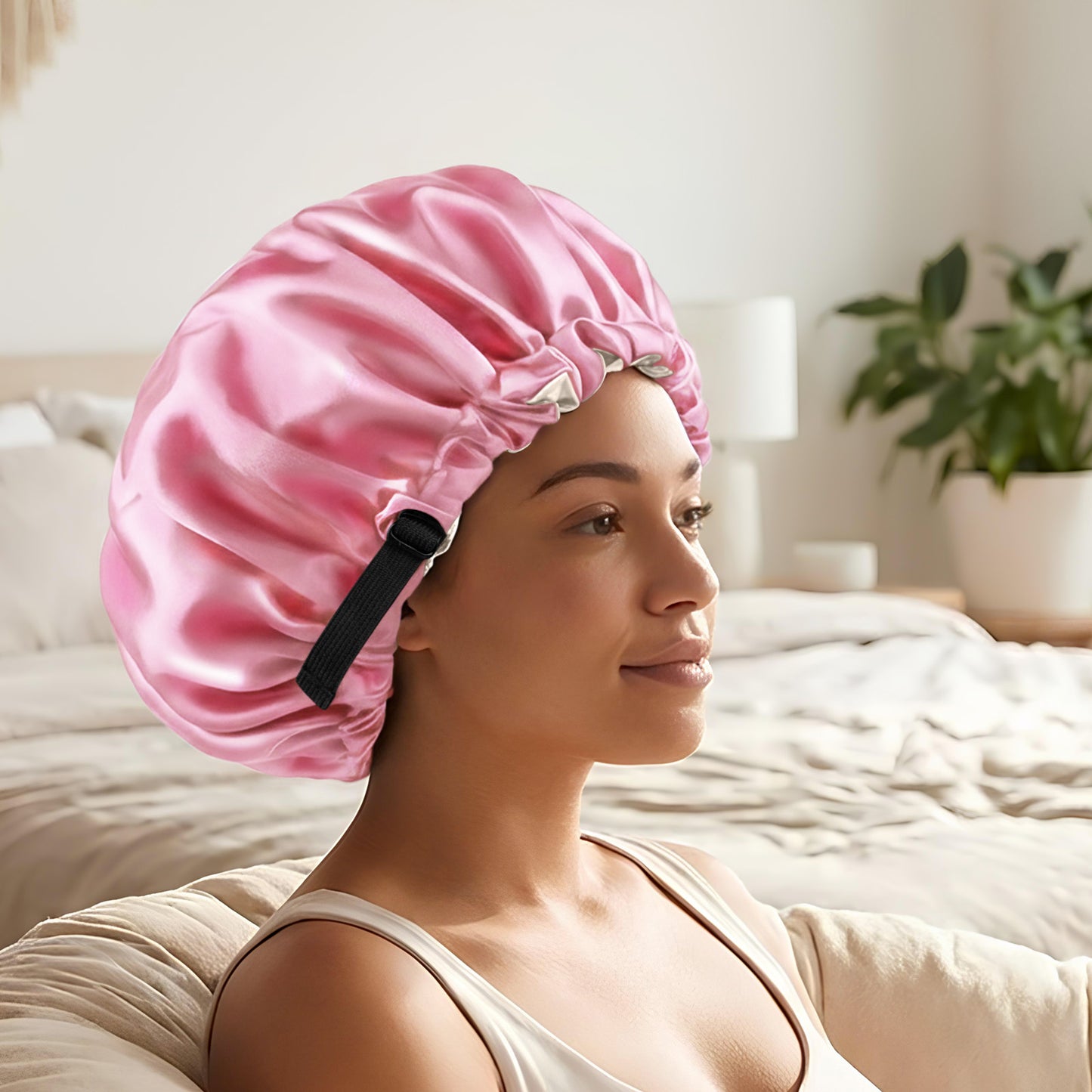 Bonnet de Nuit en Satin Ajustable Rose avec Doublure