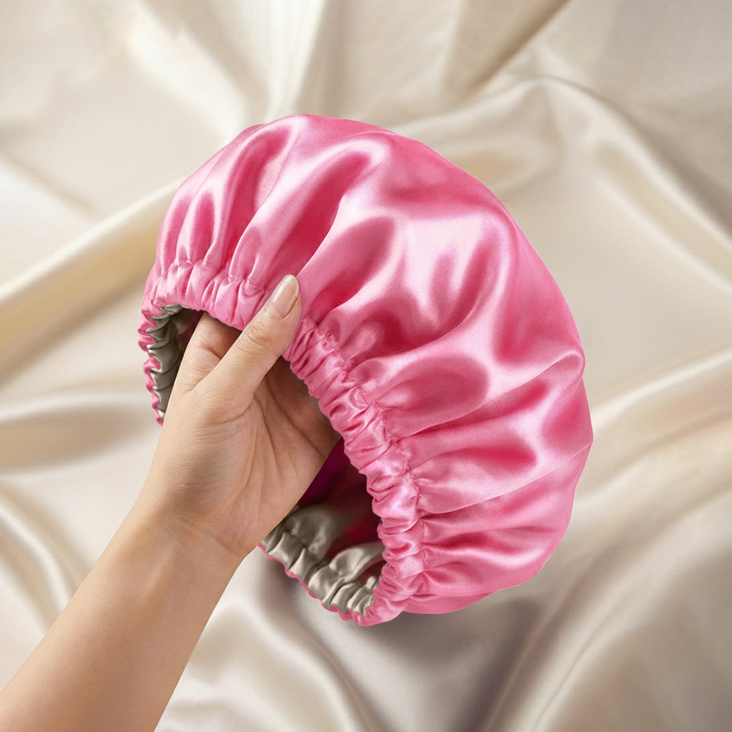 Bonnet de Nuit en Satin Ajustable Rose avec Doublure