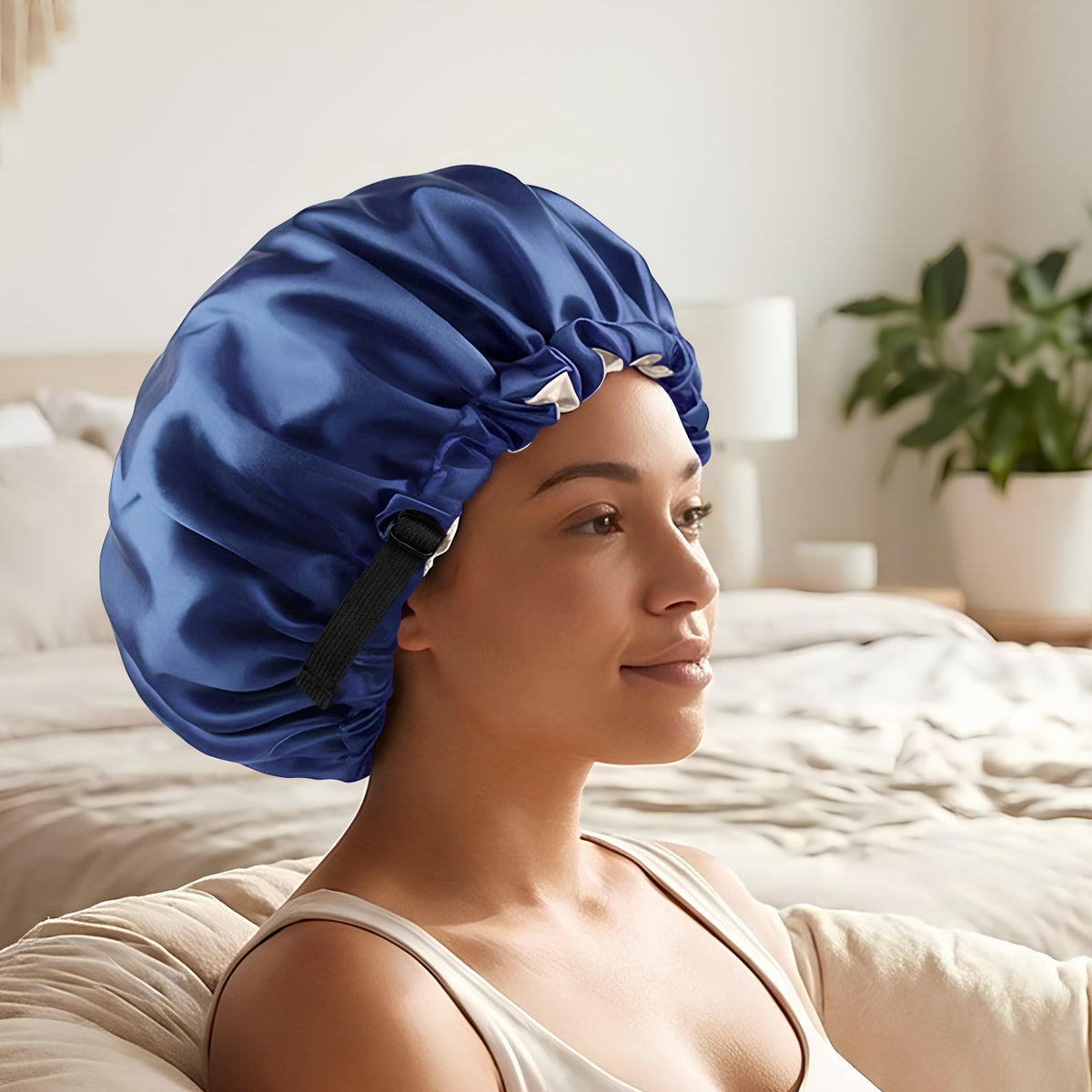 Bonnet de Nuit en Satin Ajustable Bleu Marine avec Doublure