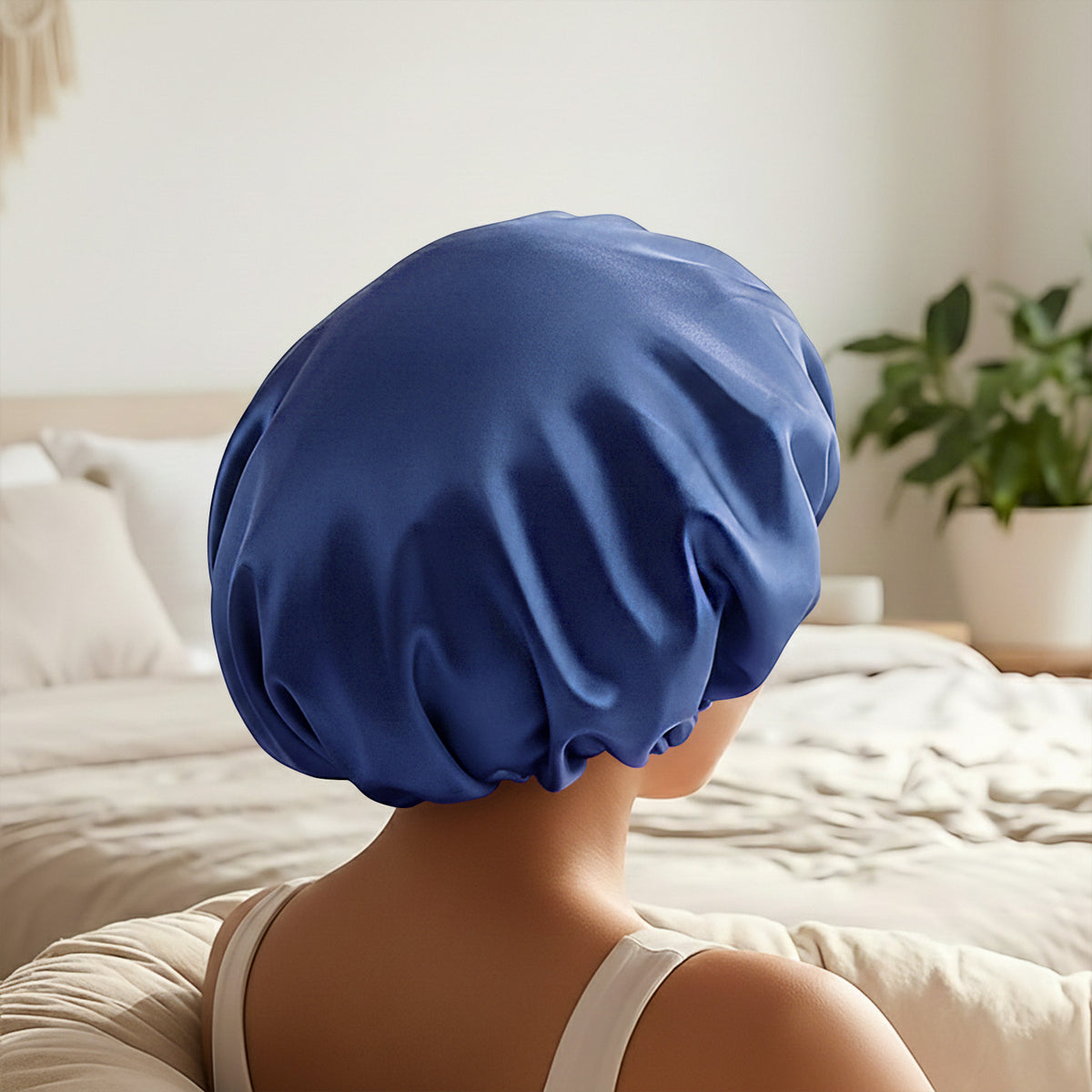 Bonnet de Nuit en Satin Ajustable Bleu Marine avec Doublure