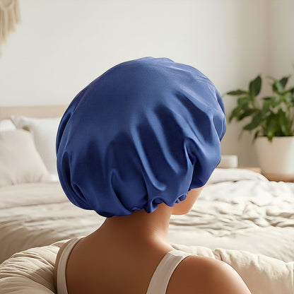 Bonnet de Nuit en Satin Ajustable Bleu Marine avec Doublure