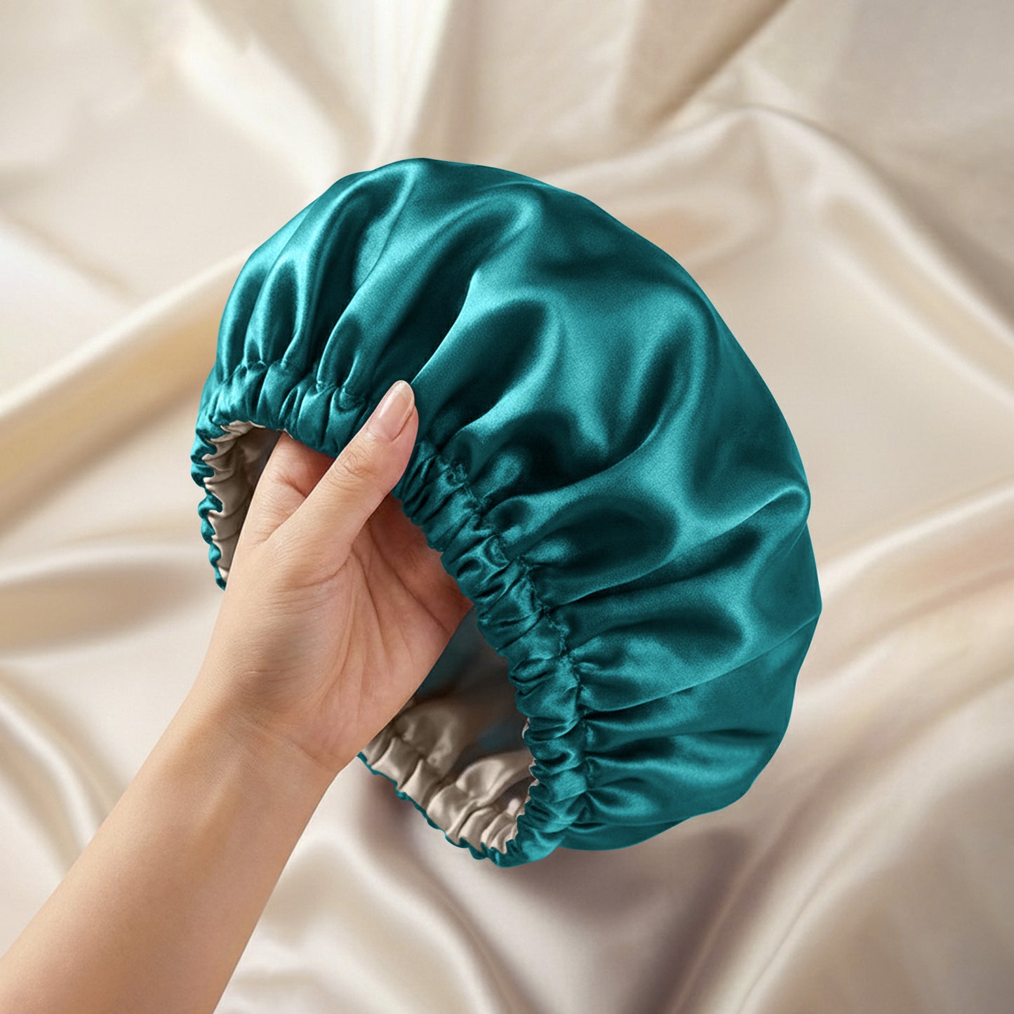 Bonnet de Nuit en Satin Ajustable Vert Turquoise avec Doublure