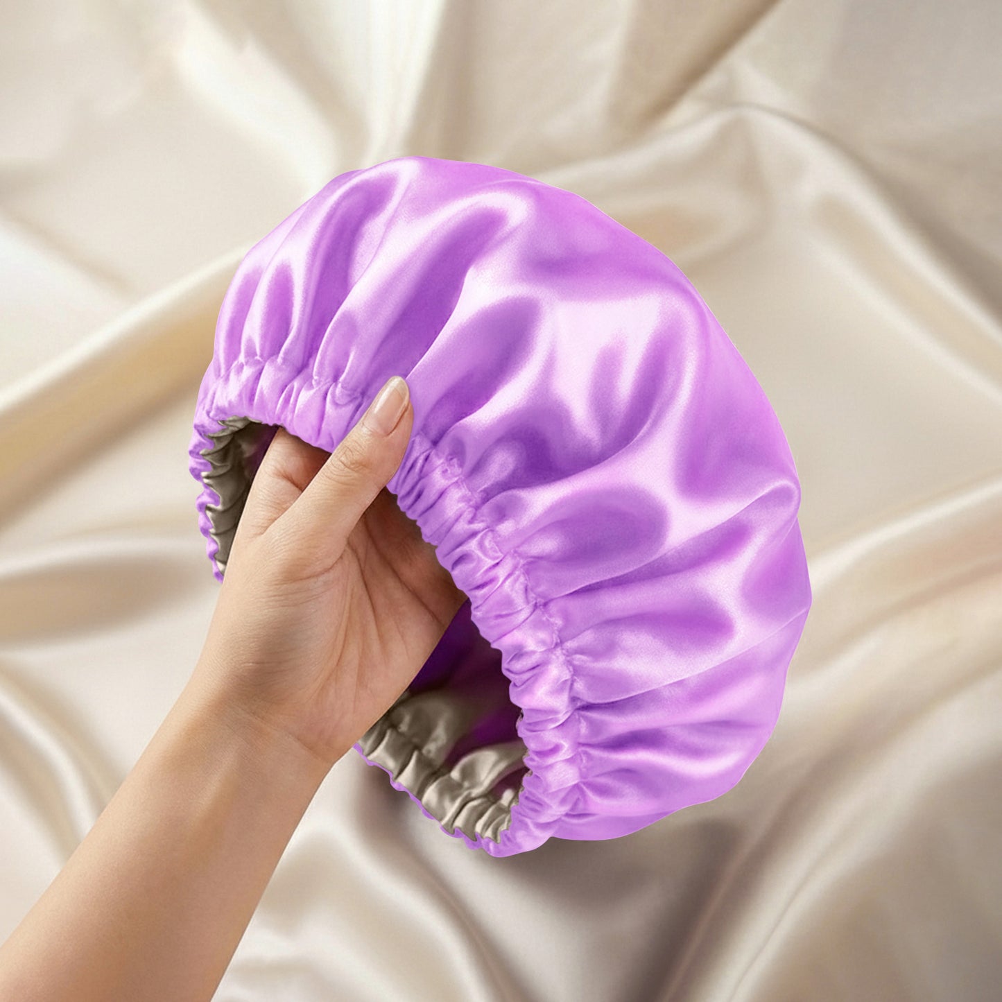 Bonnet de Nuit en Satin Ajustable Lavande avec Doublure
