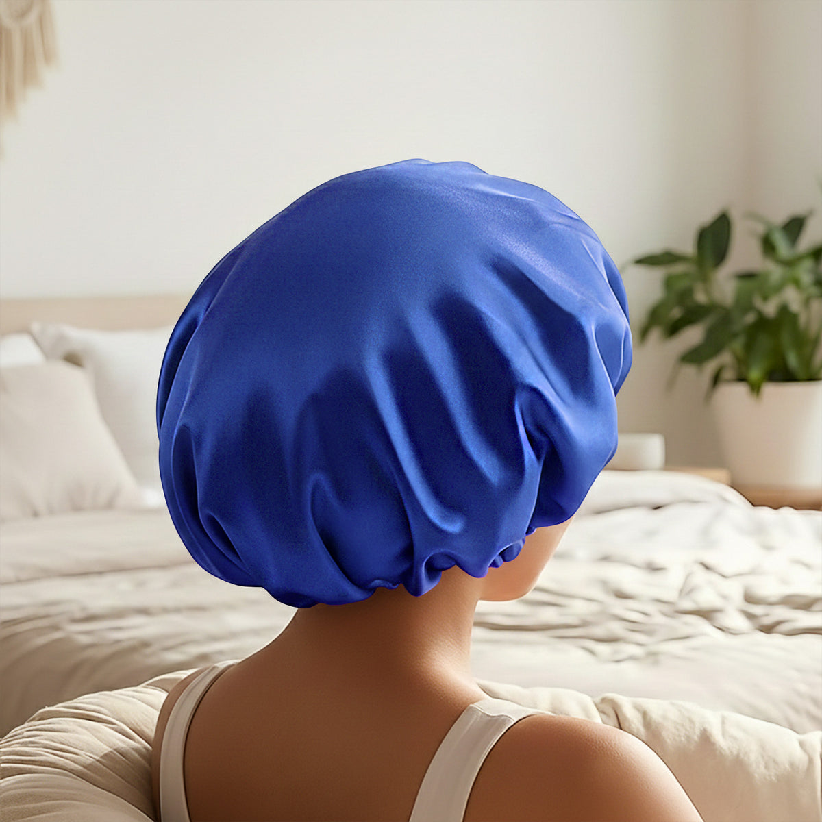 Bonnet de Nuit en Satin Ajustable Bleu Roi avec Doublure