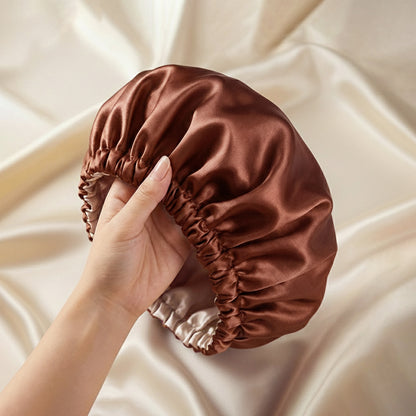 Bonnet de Nuit en Satin Ajustable Marron Chocolat avec Doublure