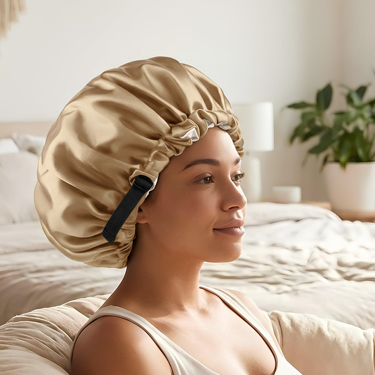 Bonnet de Nuit en Satin Ajustable Champagne avec Doublure