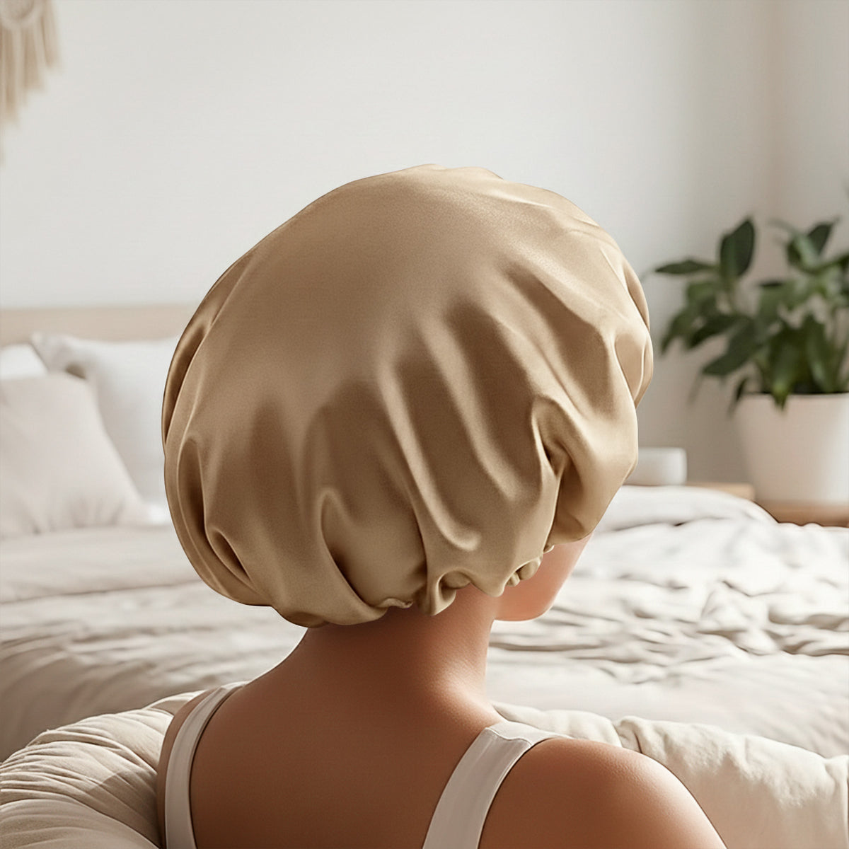 Bonnet de Nuit en Satin Ajustable Champagne avec Doublure