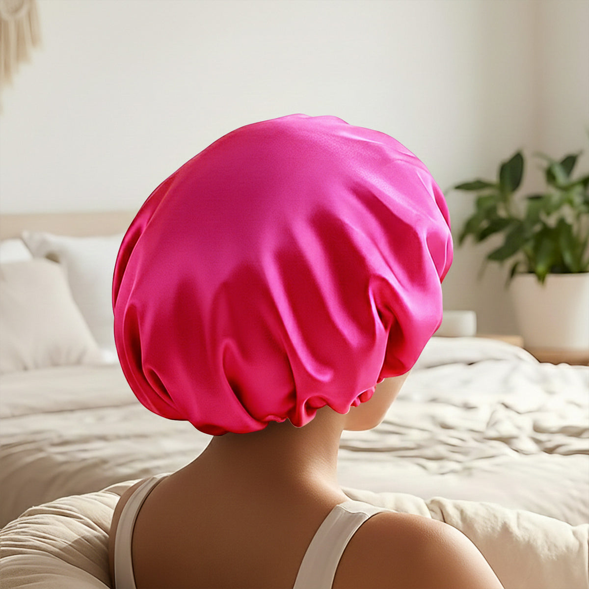 Bonnet de Nuit en Satin Ajustable Fuchsia avec Doublure