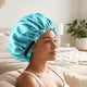 Bonnet de Nuit en Satin Ajustable Bleu Clair avec Doublure