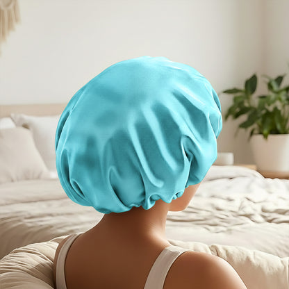Bonnet de Nuit en Satin Ajustable Bleu Clair avec Doublure