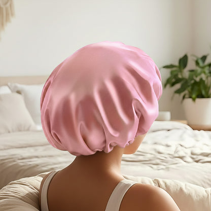 Bonnet de Nuit en Satin Ajustable Rose Pastel avec Doublure