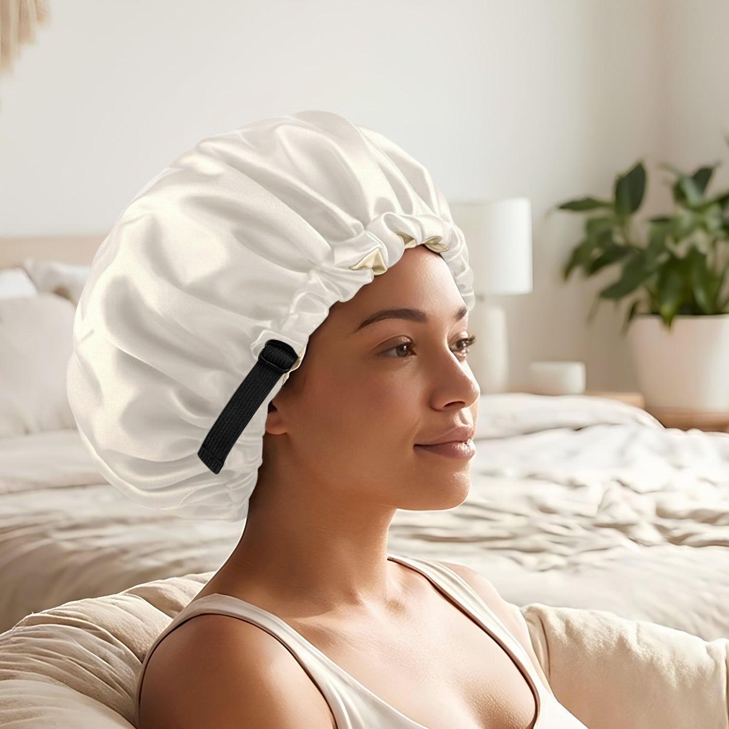 Bonnet de Nuit en Satin Ajustable Blanc avec Doublure