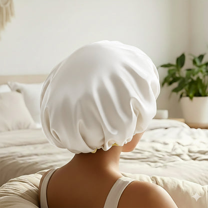Bonnet de Nuit en Satin Ajustable Blanc avec Doublure