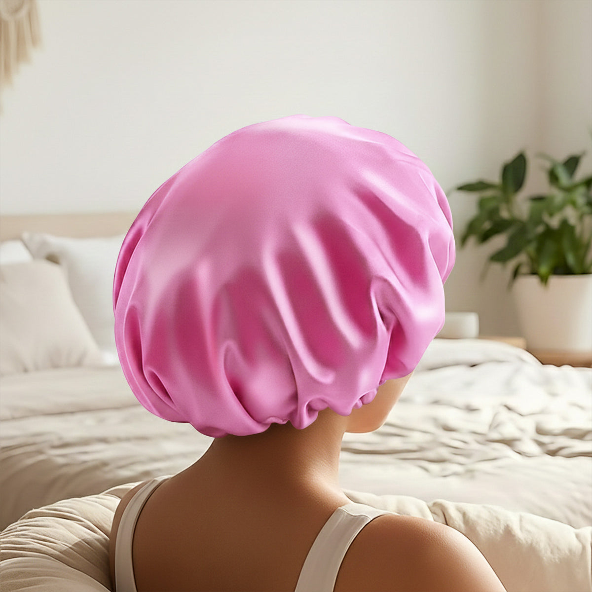 Bonnet de Nuit en Satin Ajustable Rose Vif avec Doublure