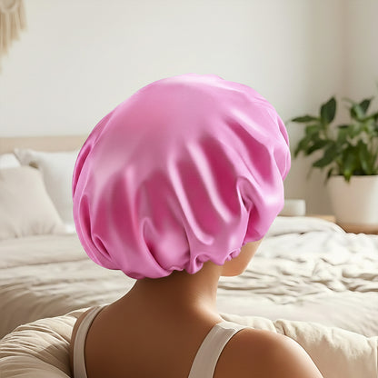 Bonnet de Nuit en Satin Ajustable Rose Vif avec Doublure