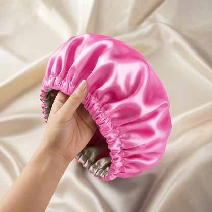 Bonnet de Nuit en Satin Ajustable Rose Vif avec Doublure