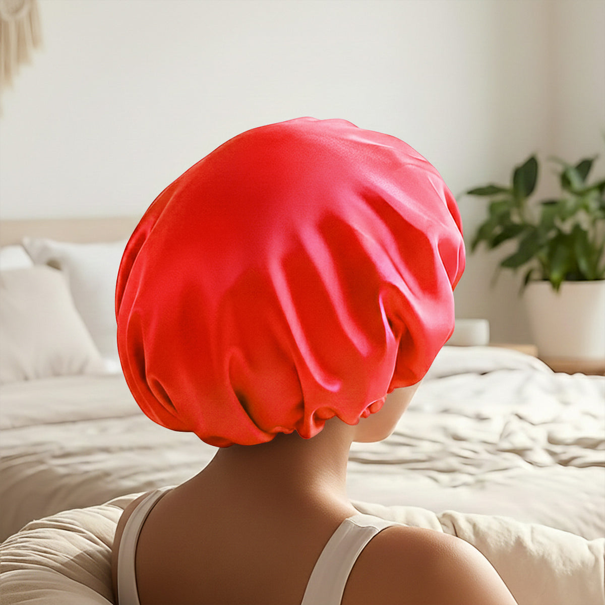 Bonnet de Nuit en Satin Ajustable Rouge avec Doublure