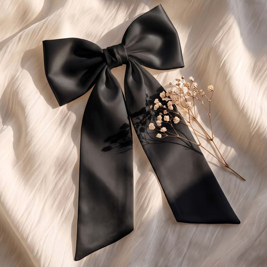 Barrette Nœud XXL Coquette Adèle Ruban Satiné Noir