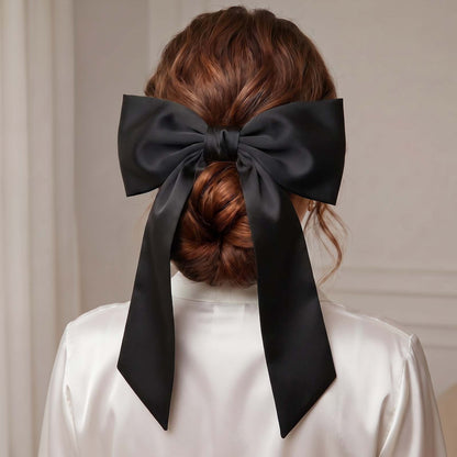 Barrette Nœud XXL Coquette Adèle Ruban Satiné Noir