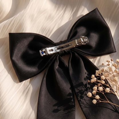 Barrette Nœud XXL Coquette Adèle Ruban Satiné Noir
