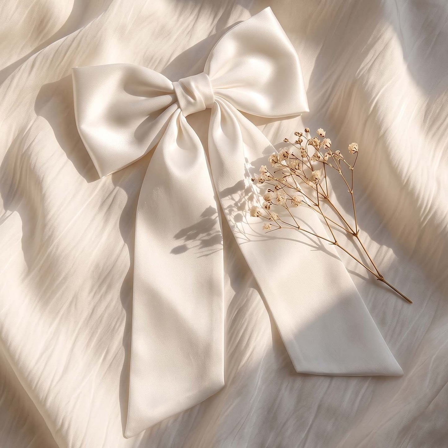 Barrette Nœud XXL Coquette Adèle Ruban Satiné Blanc