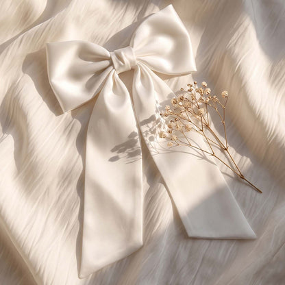 Barrette Nœud XXL Coquette Adèle Ruban Satiné Blanc