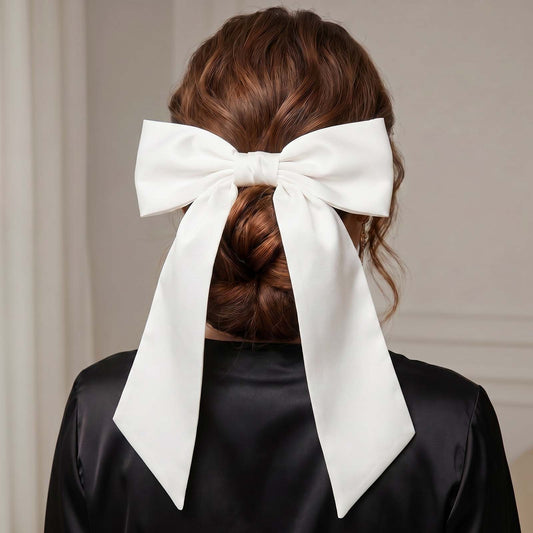 Barrette Nœud XXL Coquette Adèle Ruban Satiné Blanc