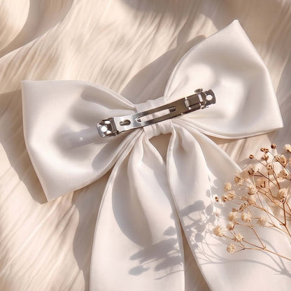 Barrette Nœud XXL Coquette Adèle Ruban Satiné Blanc