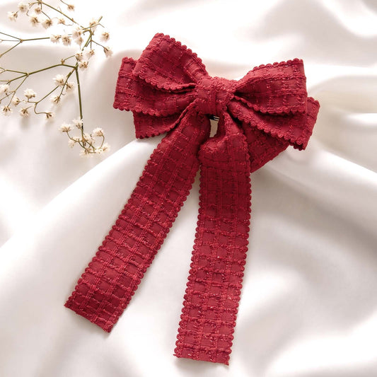 Barrette Nœud Coquette Cherry Rouge en Tissu Texturé Style Tweed