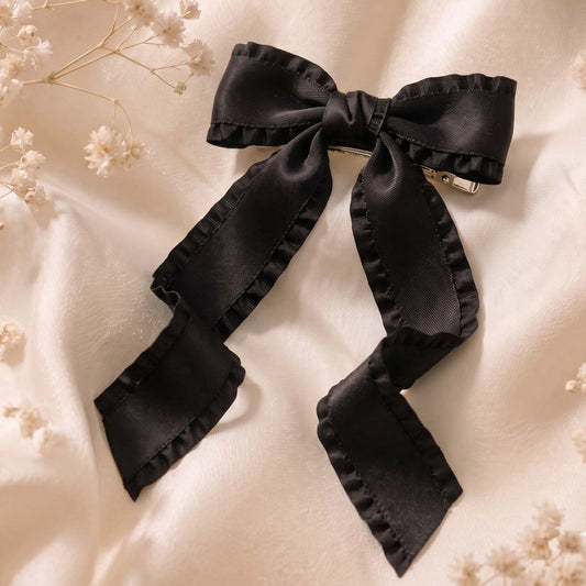 Barrette Nœud Noir Ruban Coquette à Volants Style Couture