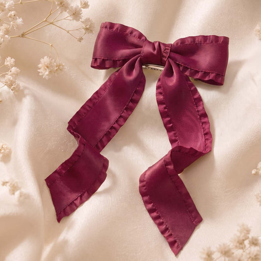 Barrette Nœud Bordeaux Ruban Coquette à Volants Style Couture