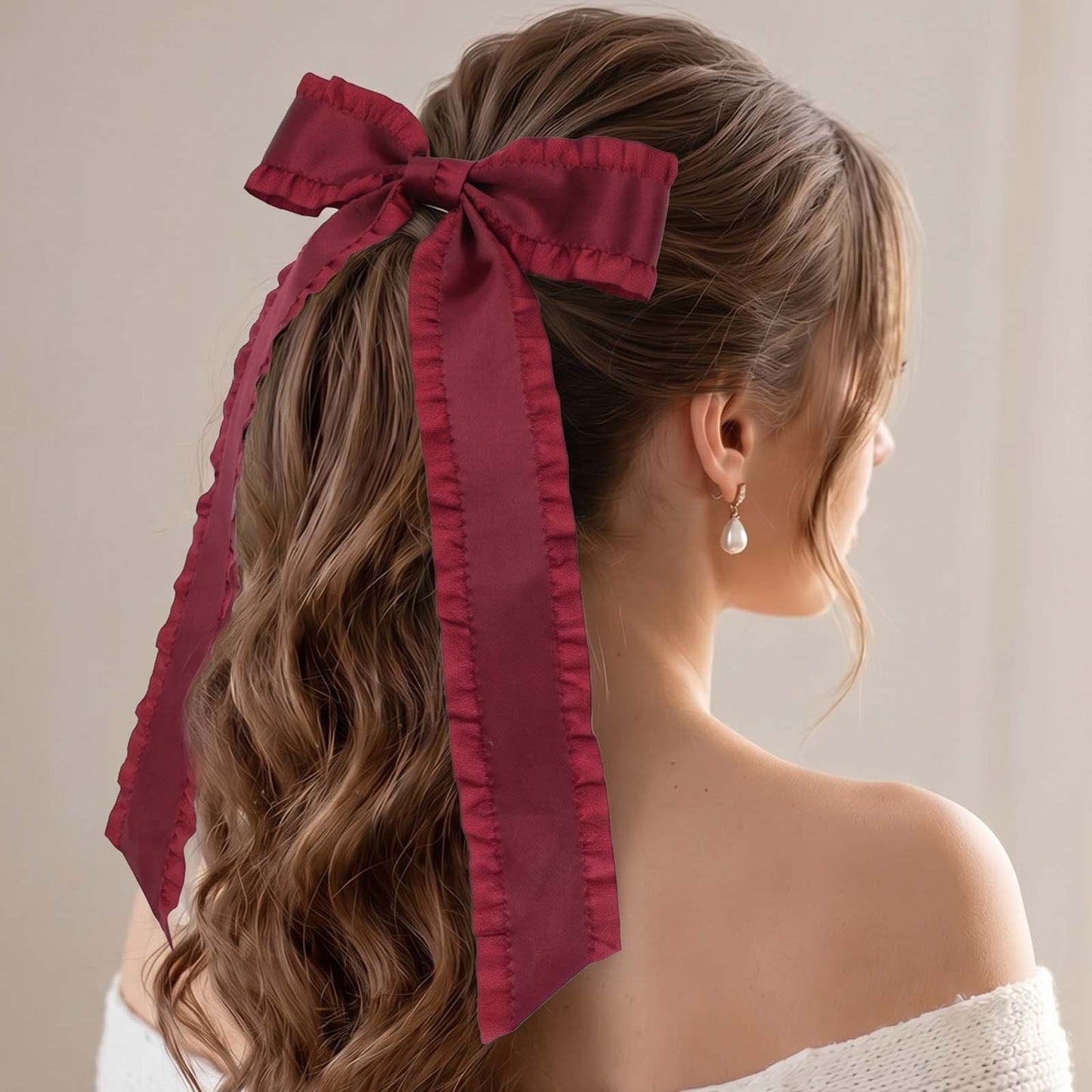 Barrette Nœud Bordeaux Ruban Coquette à Volants Style Couture
