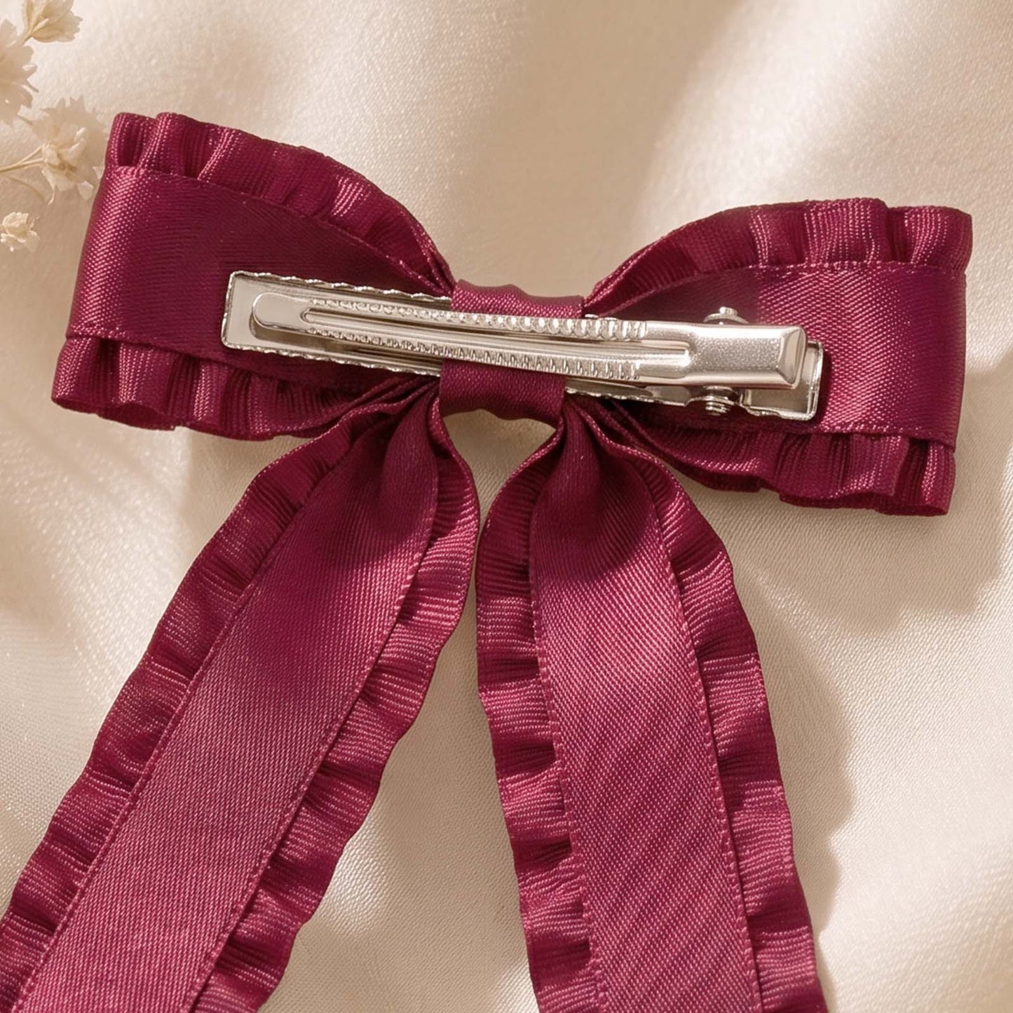 Barrette Nœud Bordeaux Ruban Coquette à Volants Style Couture