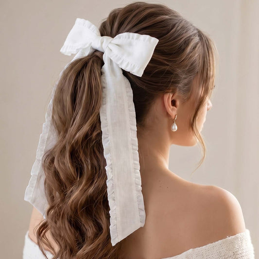 Barrette Nœud Blanc Ruban Coquette à Volants Style Couture
