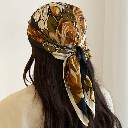 Foulard carré toucher soie Khaki Floral 70x70cm