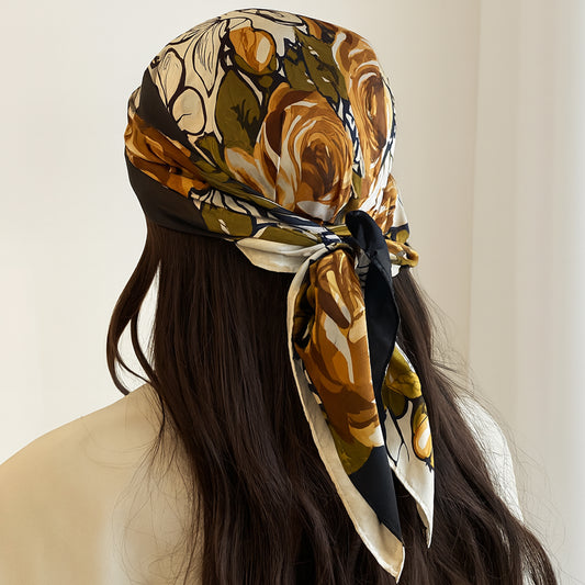 Foulard carré toucher soie Khaki Floral 70x70cm