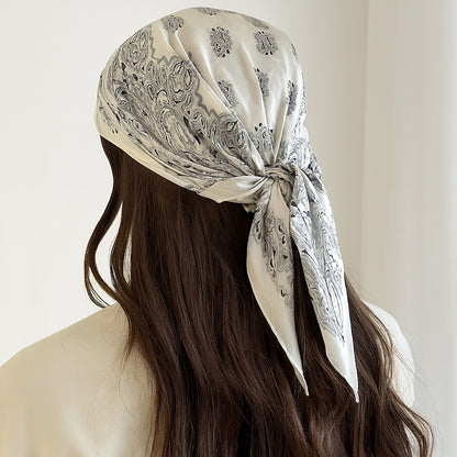 Foulard carré toucher soie Couture Paisley Ivoire satiné 70x70cm