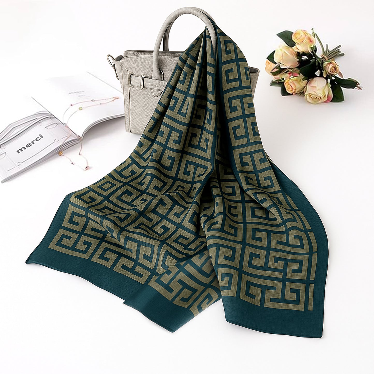 Foulard carré toucher soie Blue Jean Méandros 70x70cm
