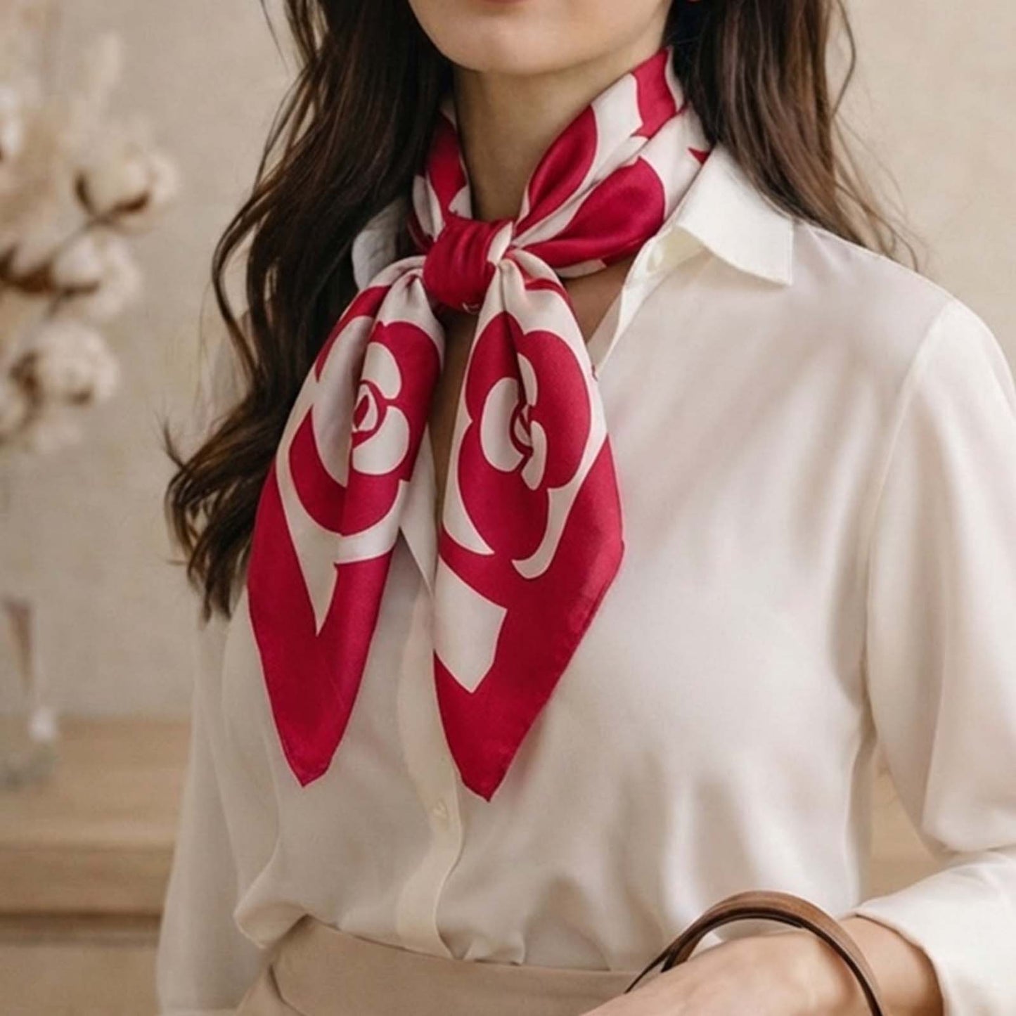 Foulard carré toucher soie Rosace Rouge Élégante - 70 x 70 cm