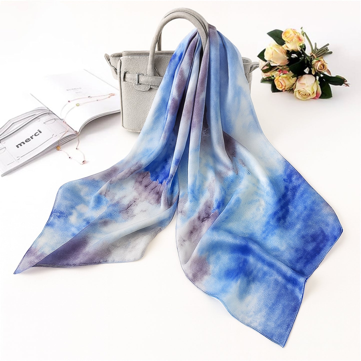 Foulard carré toucher soie tie dye Purple Sky 70x70cm