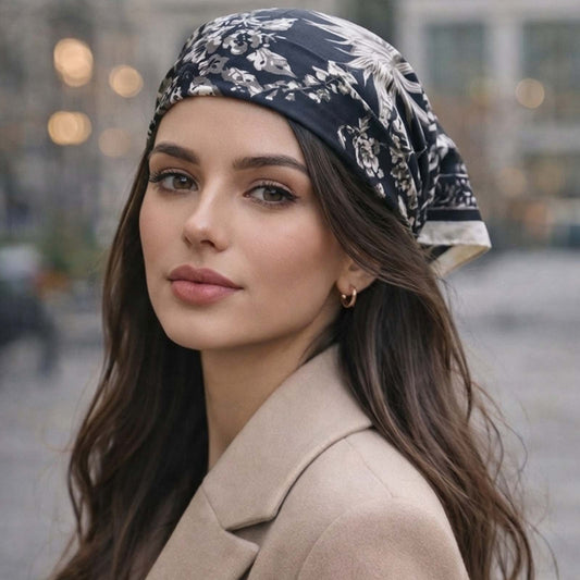 Foulard carré toucher soie Noir Floralis Chic - 70 x 70 cm