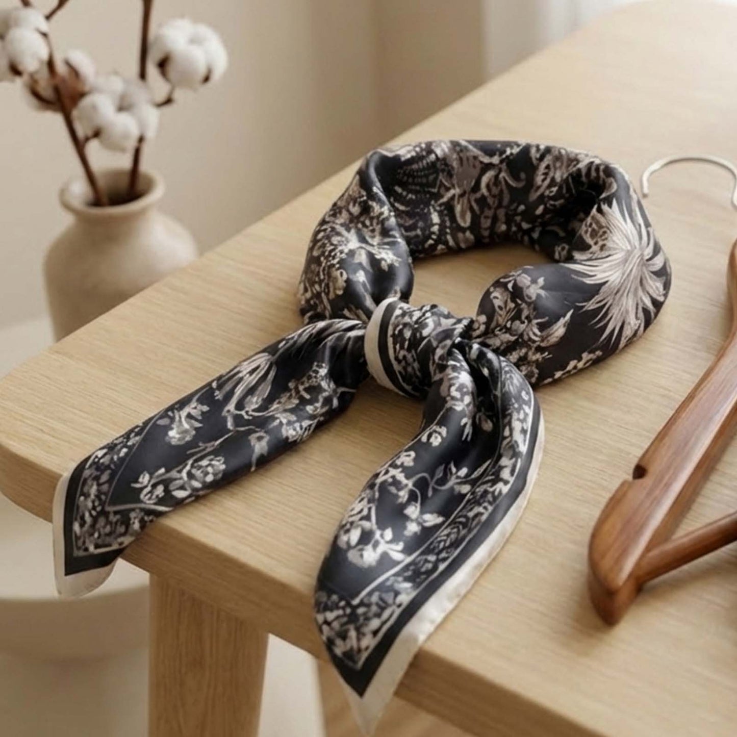 Foulard carré toucher soie Noir Floralis Chic 70 x 70 cm