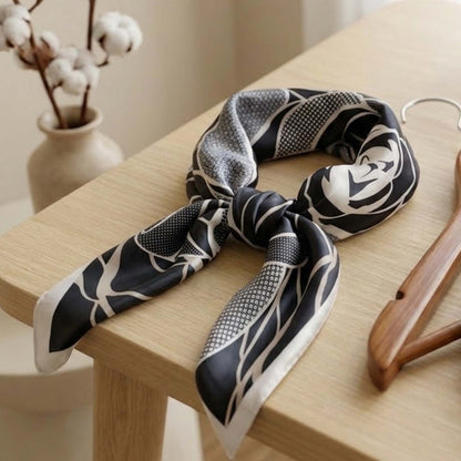 Foulard carré toucher soie Floral Abstrakta Noir - 70 x 70 cm