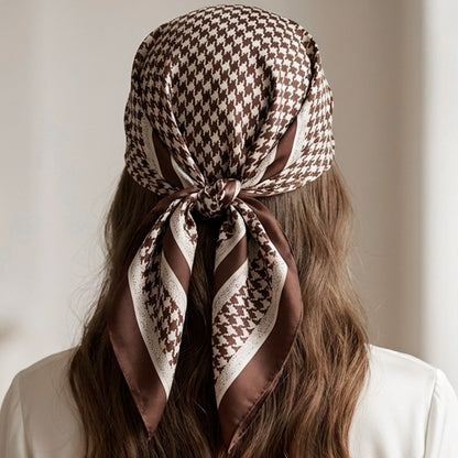 Foulard carré toucher soie Pied-de-poule Marron & Ivoire - 70 x 70 cm