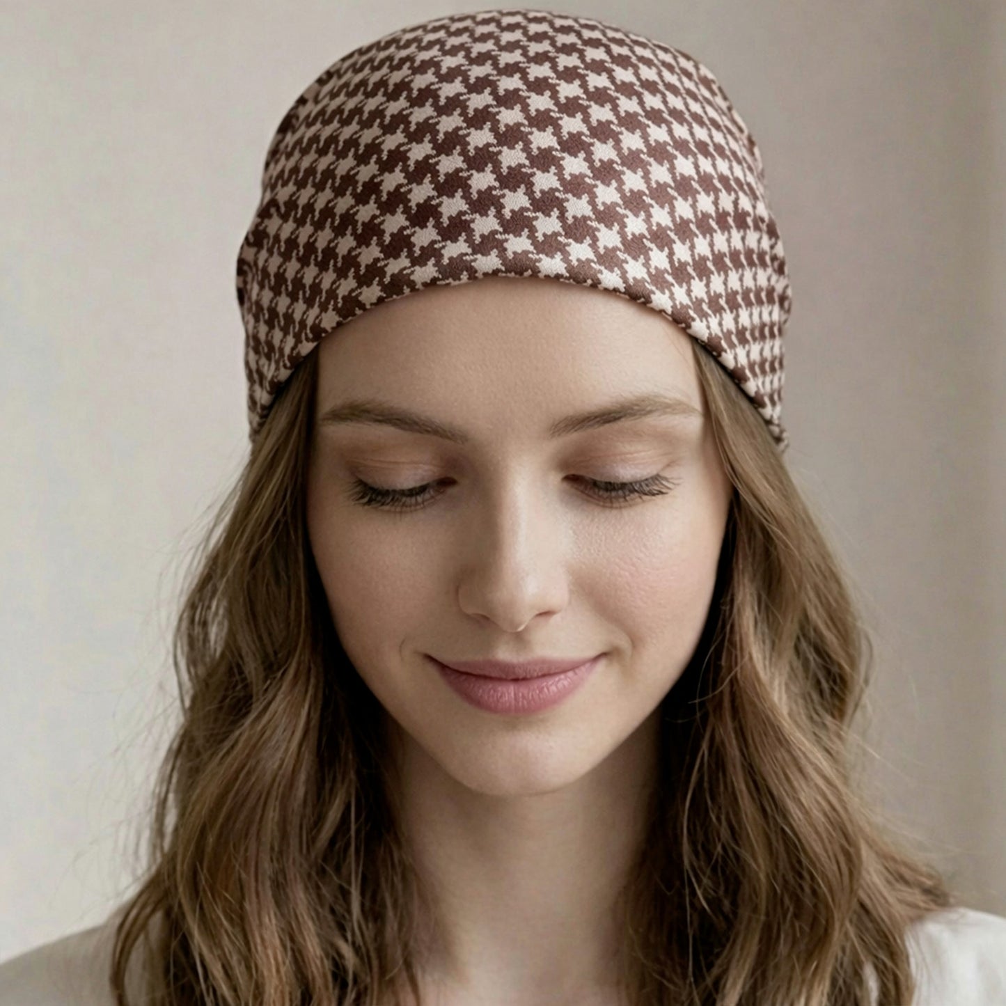 Foulard carré toucher soie Pied-de-poule Marron & Ivoire - 70 x 70 cm